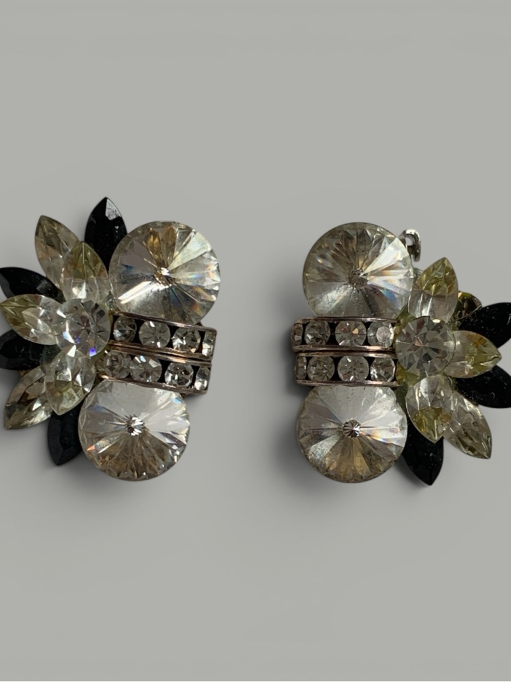 Juliana-Style Rivoli Rhinestone & Black Marquise Clip Earrings